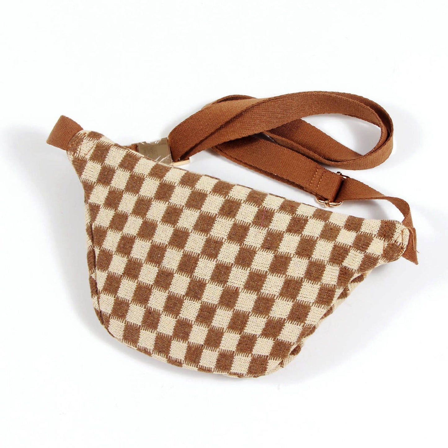 Brown and cream checkered fabric fanny pack with adjustable shoulder strap, ideal for casual outings and stylish storage.