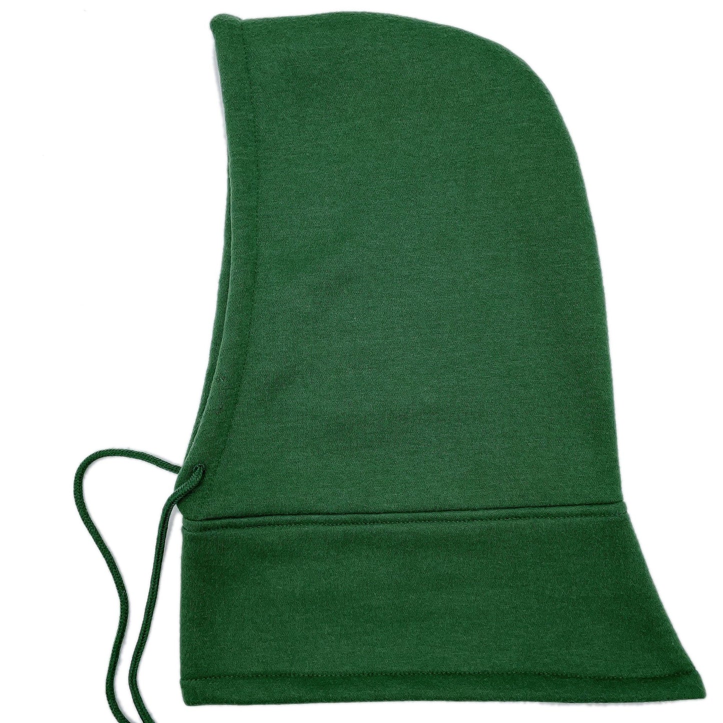 Green unisex hooded fleece balaclava with drawstring, perfect for outdoor activities and cold weather.