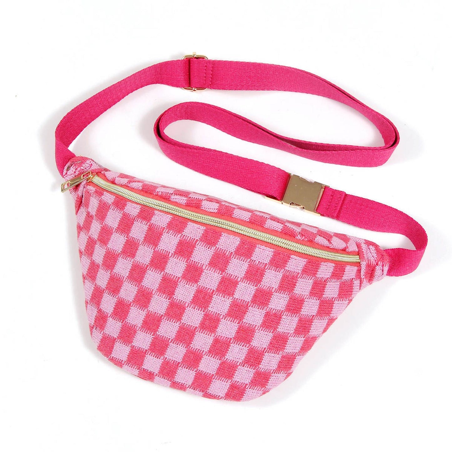 Pink and white checkered fanny pack with a gold zipper and adjustable strap, perfect for stylish on-the-go storage.
