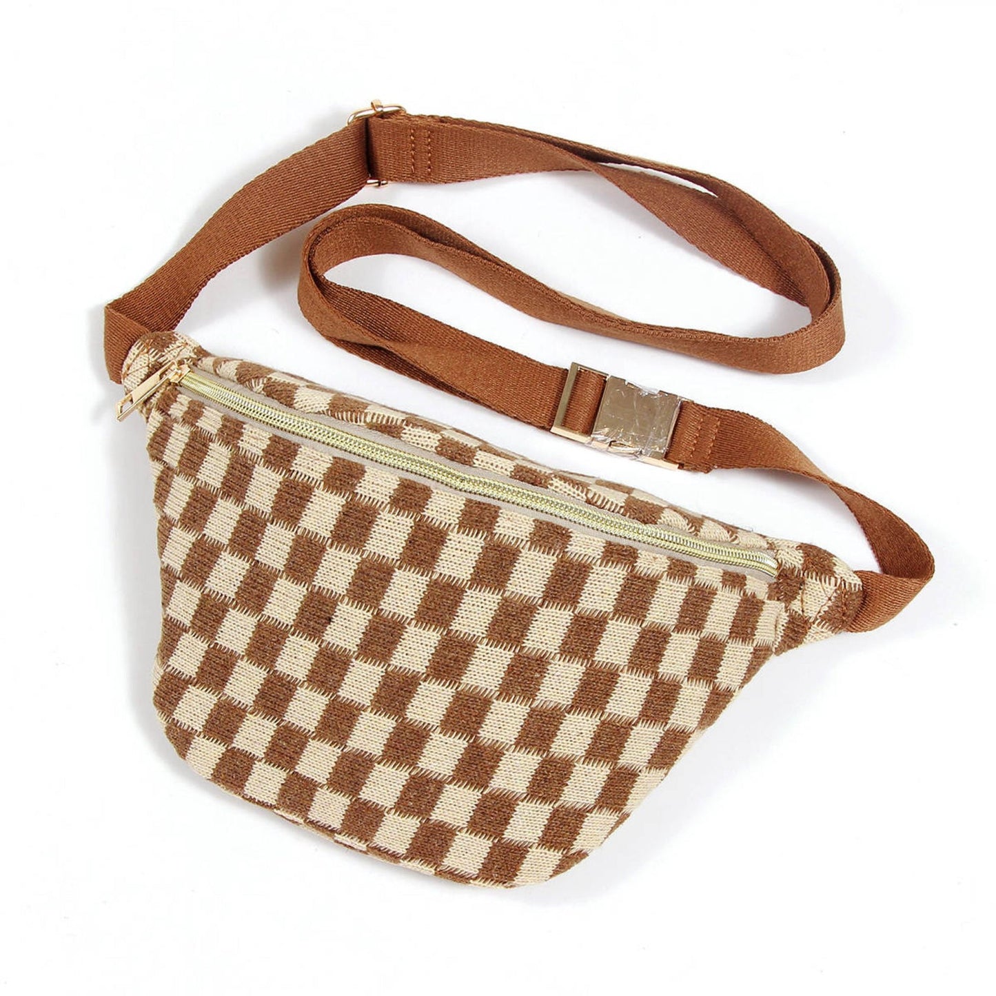 Stylish brown and cream checkered fanny pack with a gold zipper and adjustable strap, perfect for hands-free convenience and trendy outfits.