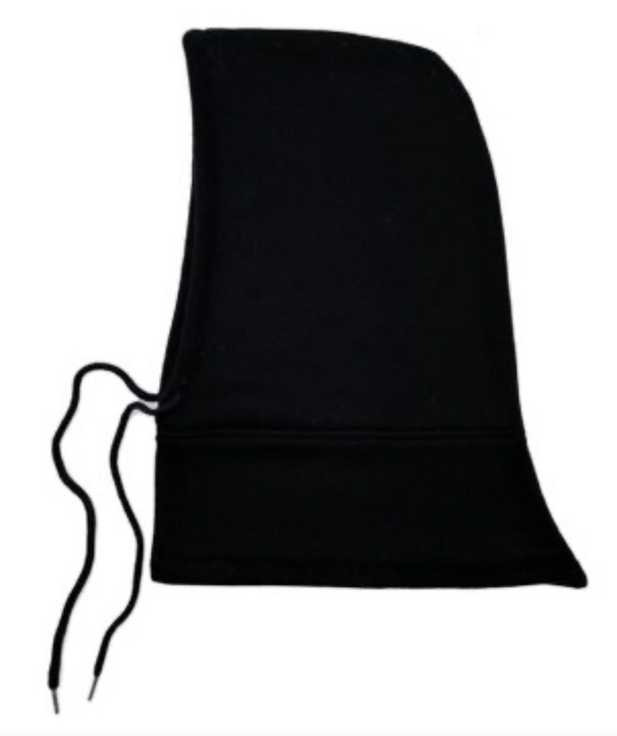 Black fleece hood with adjustable drawstrings, designed for warmth and comfort in cold weather.