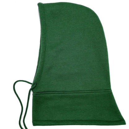 Green unisex hooded fleece balaclava with drawstring, perfect for outdoor activities and cold weather.