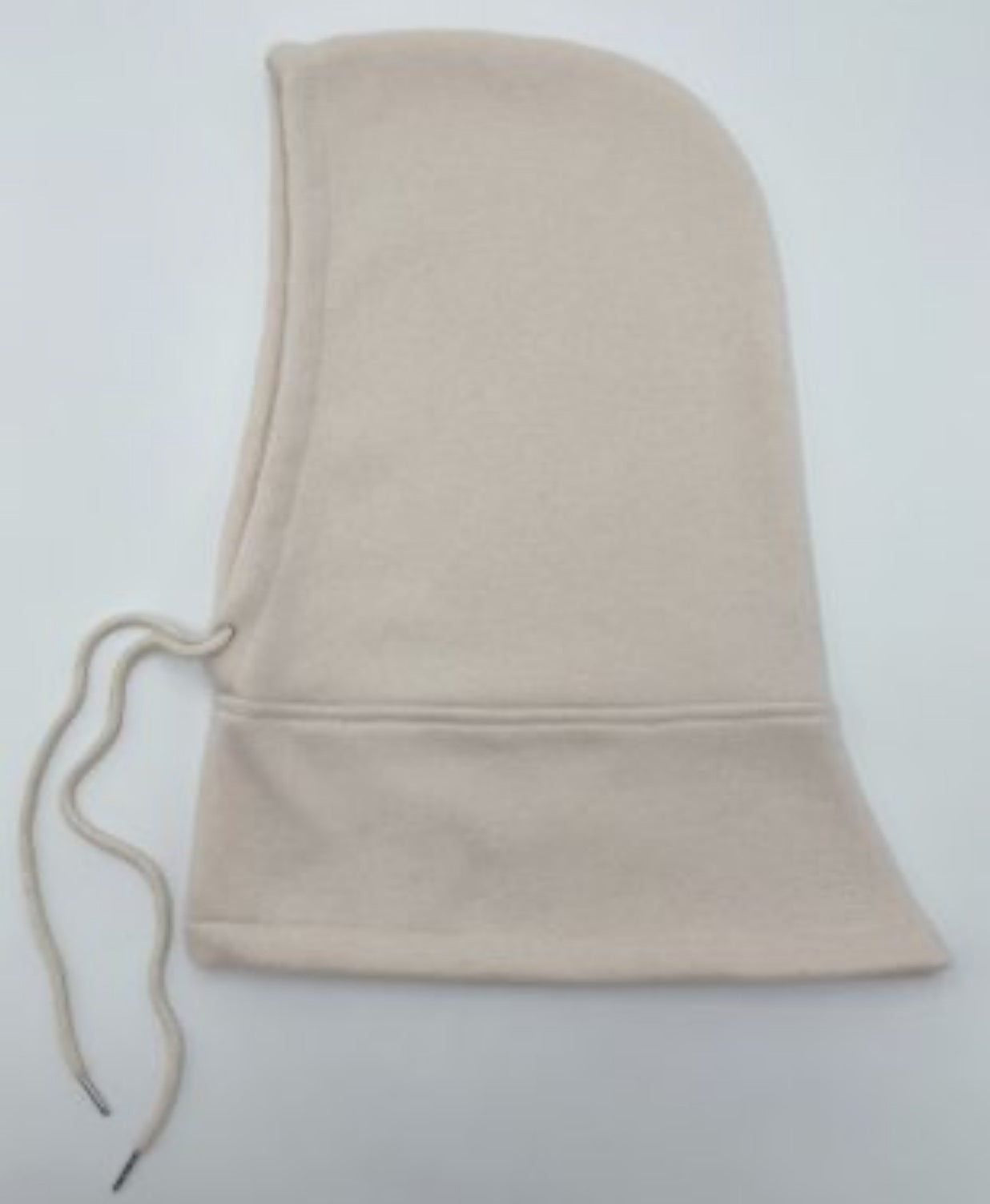 Cream-colored fleece hood with a flexible edge and drawstring for adjustable fit, ideal for cold weather protection.