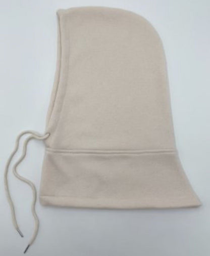 Cream-colored fleece hood with a flexible edge and drawstring for adjustable fit, ideal for cold weather protection.